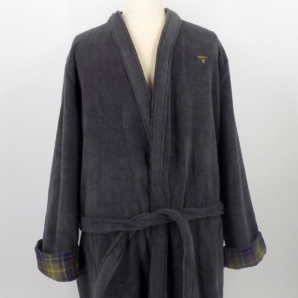 Men's Barbour Robe Lachlan Dressing Gown Grey Tartan Belted Heavy Warm